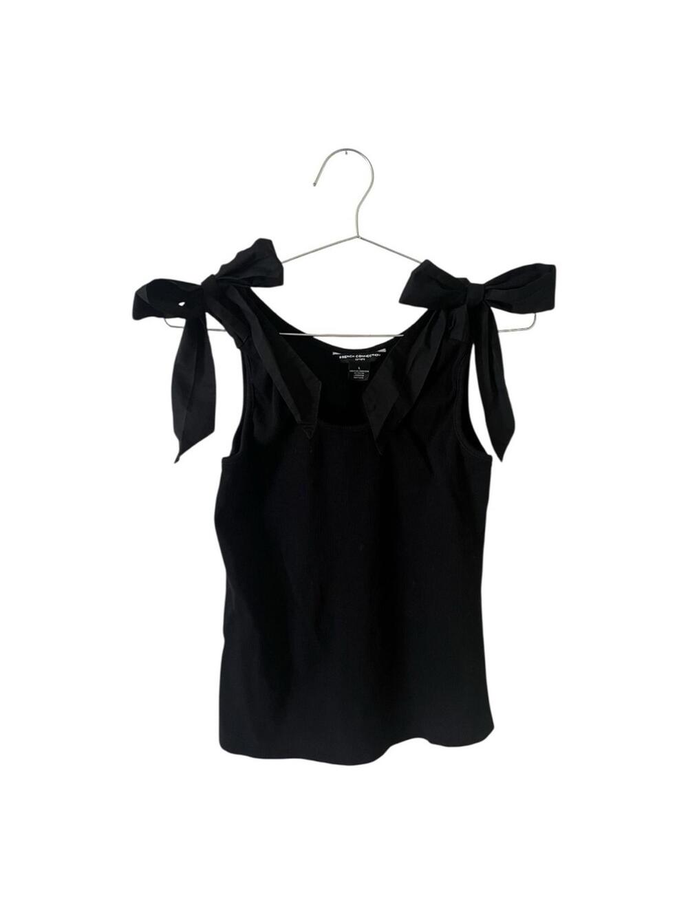 French Connection Ribbed Knit Tank Top Womens Large Bow Sleeveless Black